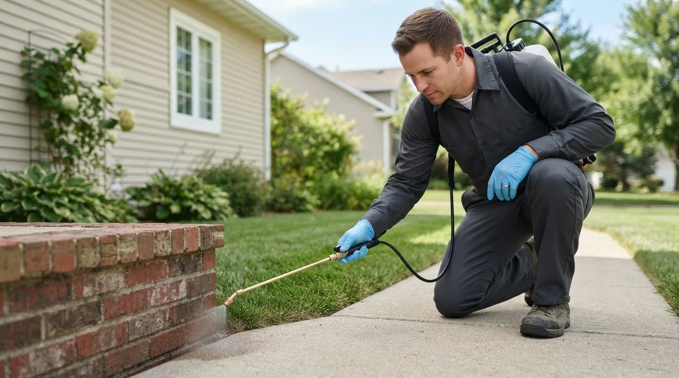 Pest control technician treating a home near Mcindoe Falls, VT